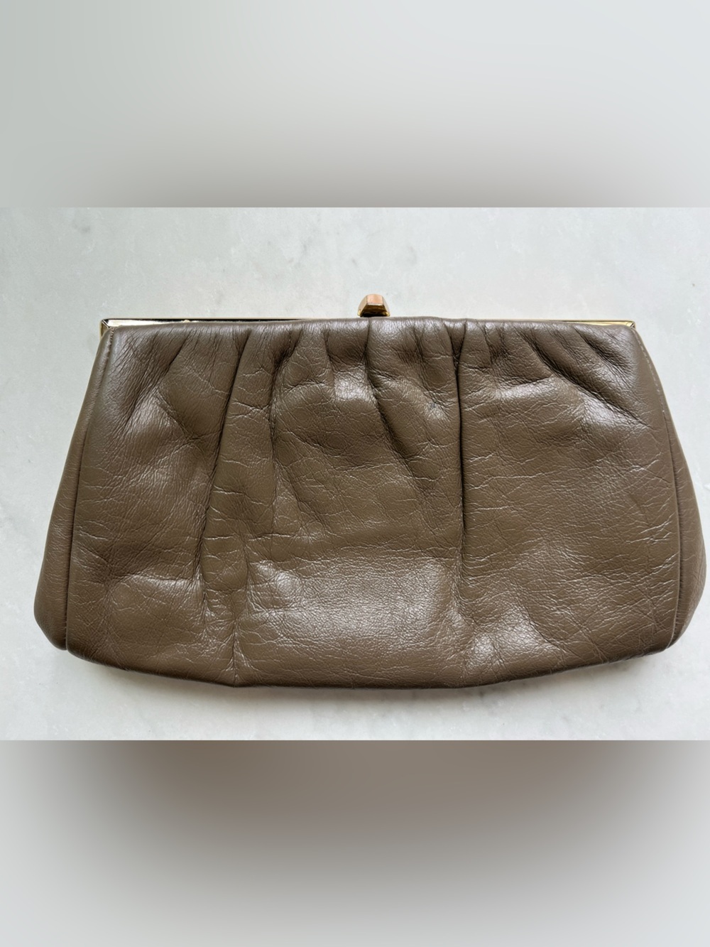 Vintage Olive Green Brown Leather Clutch / Shoulder Bag m with Brass Chain - Picture 2 of 7